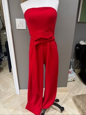 Strapless Red Wide-Leg Jumpsuit with Waist Tie